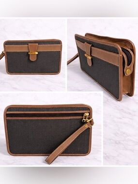 Dunhill London Clutch Travel Bag Charcoal Gray Brown Leather Gold